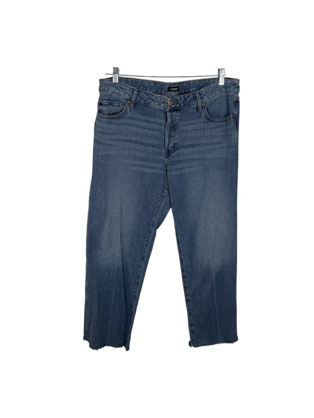Express Women 12R Blue Medium Wash Denim Raw Hem Low Rise Relaxed Straight Jeans